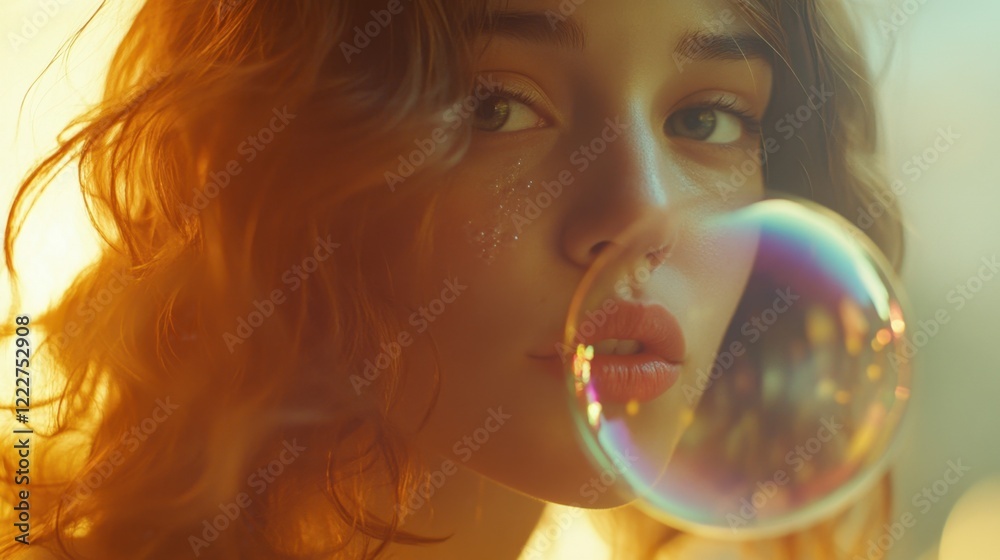Close-Up of a Young Woman Gazing Thoughtfully Through a Soap Bubble Close-Up of a Young Woman Gazing Thoughtfully Through a Soap Bubble