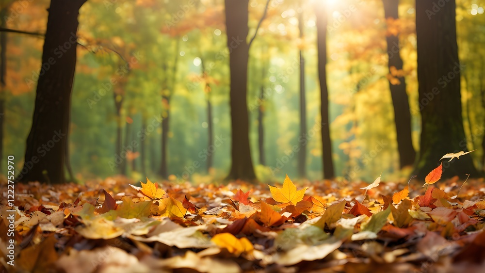Sunlit autumn forest floor covered in vibrant fallen maple leaves, with blurred background of trees. Sunlit autumn forest floor covered in vibrant fallen maple leaves, with blurred background of trees.