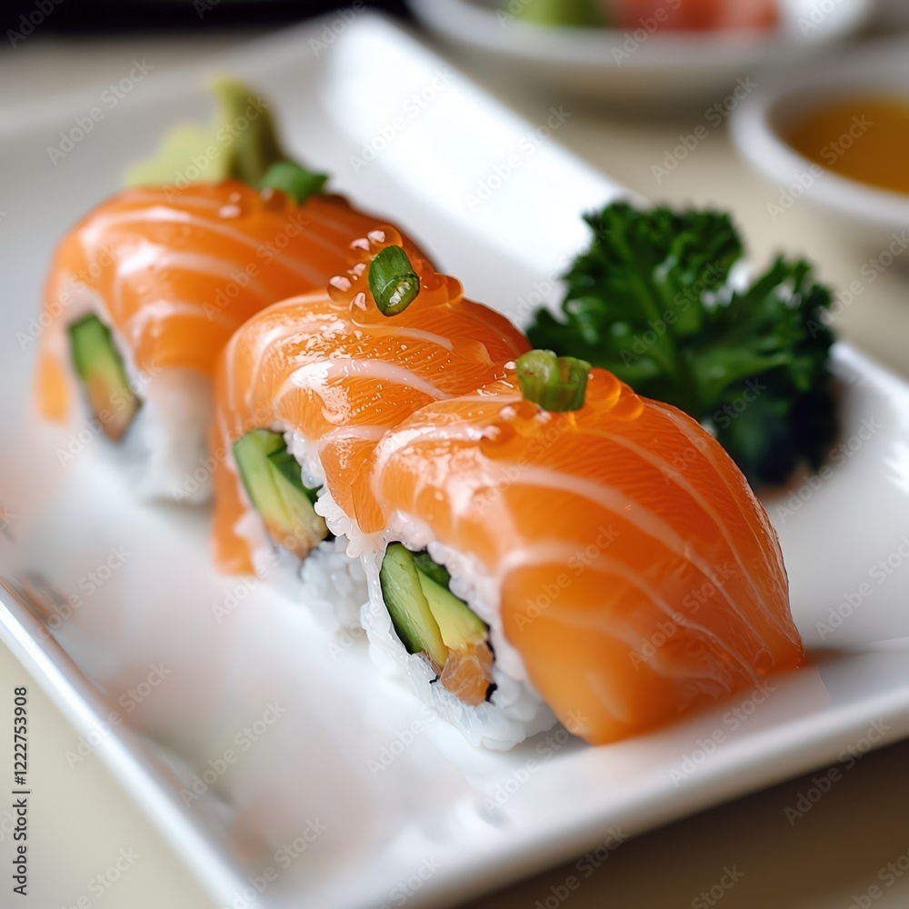 Delicious sushi rolls with fresh salmon and crunchy cucumber served elegantly Delicious sushi rolls with fresh salmon and crunchy cucumber served elegantly