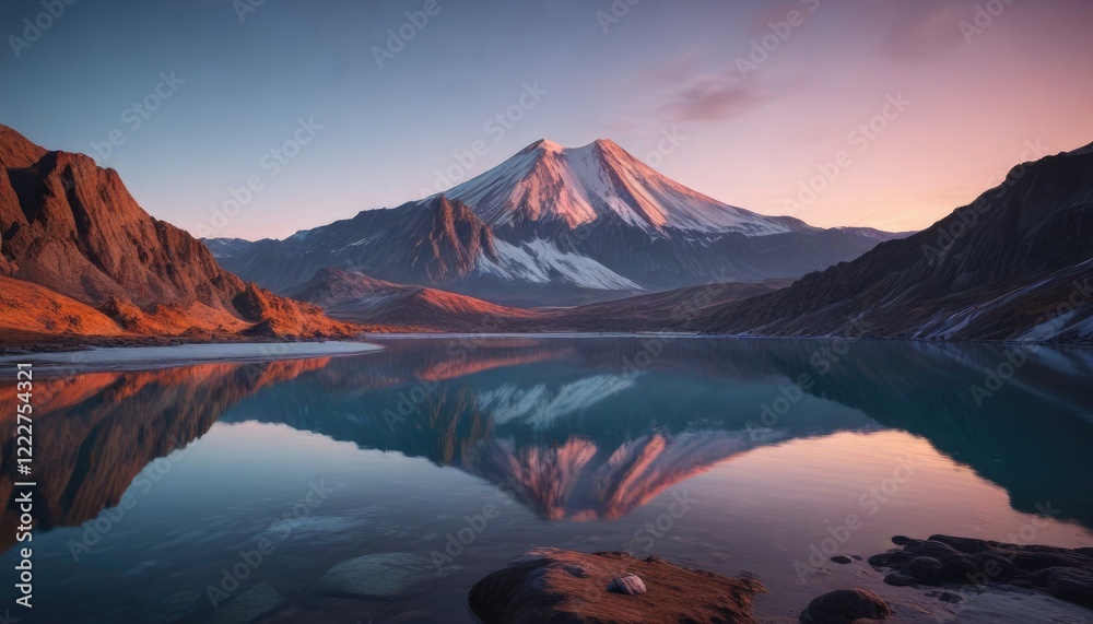 Obraz premium Glacial lake under the shadow of a dormant volcano at dusk, sunset, tranquil scene , snow-capped peak