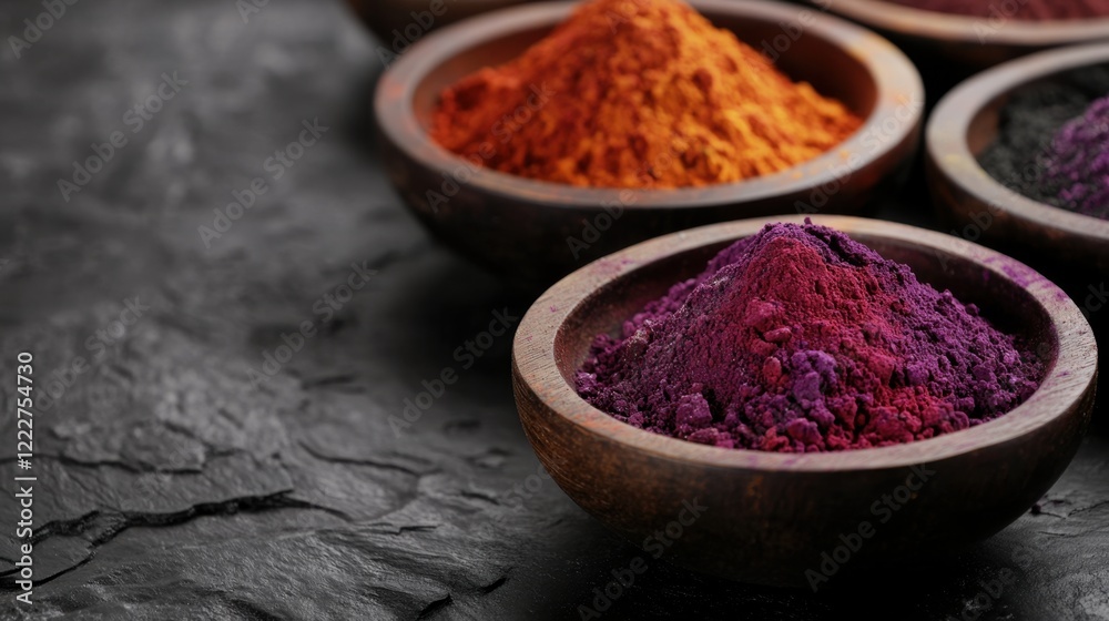 Vibrant Colored Spices in Wooden Bowls on Dark Slate Background Vibrant Colored Spices in Wooden Bowls on Dark Slate Background