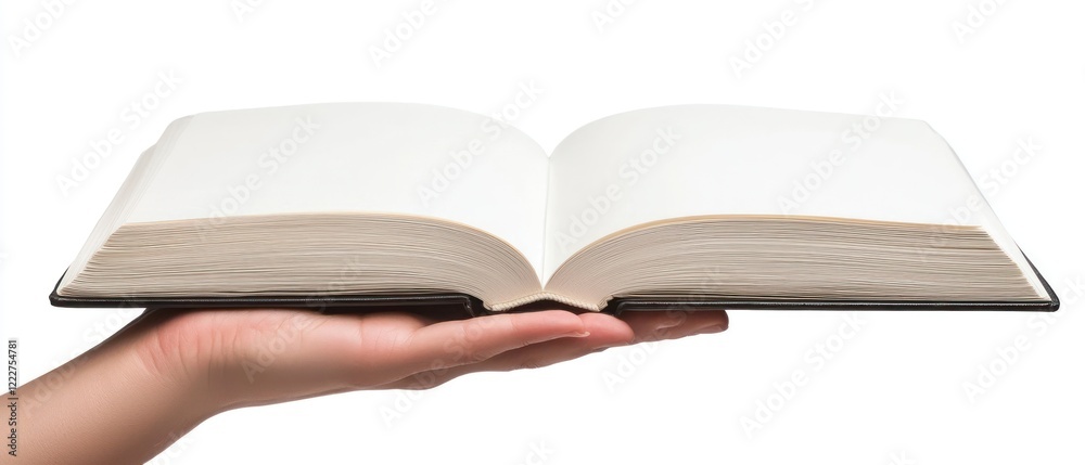 An open book held in a hand, showcasing blank pages for writing or drawing. An open book held in a hand, showcasing blank pages for writing or drawing.