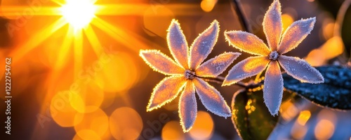Frosty flowers sunrise garden bokeh. Nature wallpaper