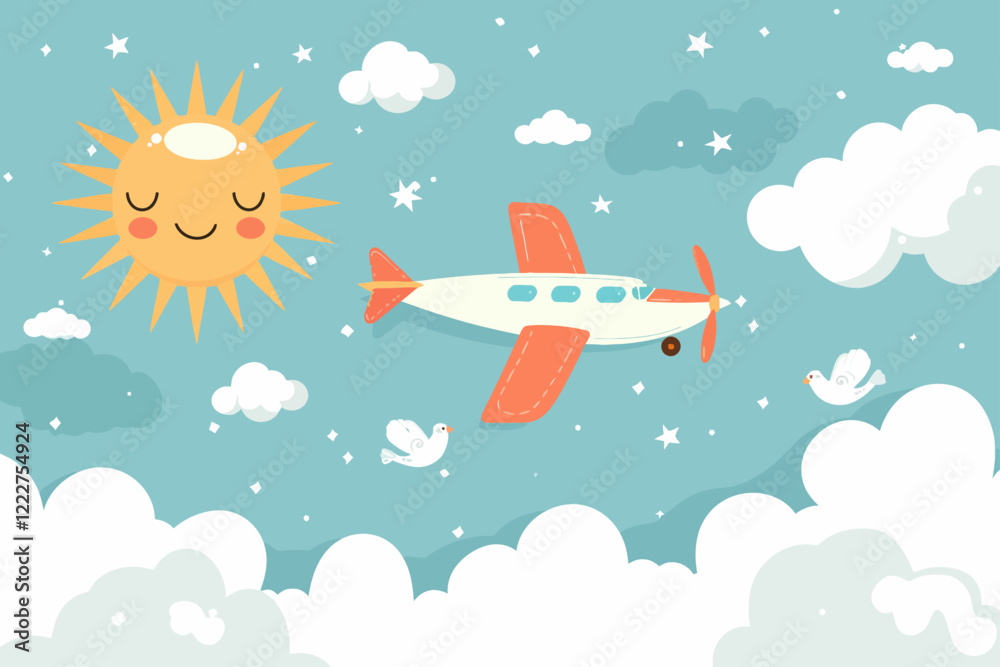 Naklejka premium Commercial airplane soaring through a clear blue sky, leaving a trail of fluffy white clouds behind, sunlit wing reflections