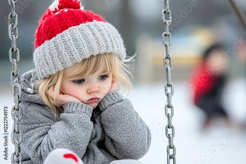 A young child sitting on a swing, looking down at their feet while others play in the background, their expression reflective of feeling left out