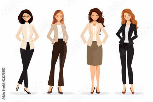 Confident businesswoman wearing a tailored cream blazer and high-waisted trousers, standing with arms crossed against a neutral background