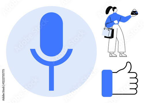 Large blue microphone icon, woman with shopping bags holding a mobile phone, and a thumbs-up sign. Ideal for online shopping, digital marketing, voice recognition, social media engagement, consumer