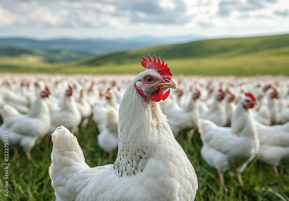 Close-Up of a White Chicken in a Lush Green Field Surrounded by Flock, Capturing the Essence of Farm Life and Poultry Farming in Nature's Splendor Close-Up of a White Chicken in a Lush Green Field Surrounded by Flock, Capturing the Essence of Farm Life and Poultry Farming in Nature's Splendor
