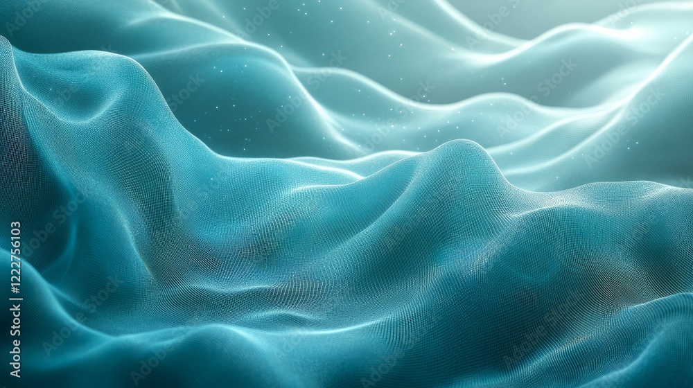 Fototapeta premium Dynamic turquoise mesh with blue-green blur gradient and grainy noise texture, flowing abstract background full of motion and energy 