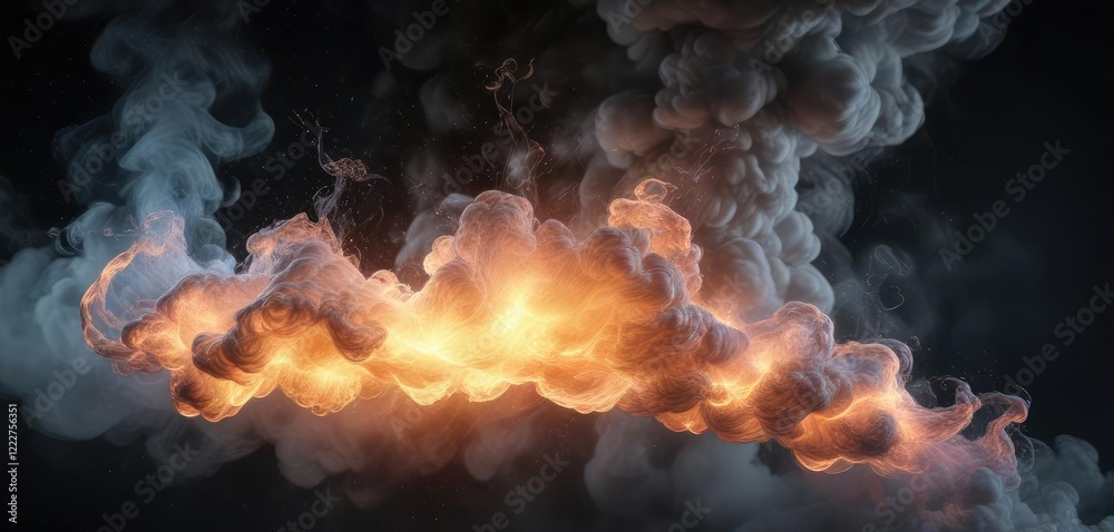 Glowing filament strands suspended in a cloud of smoke and vapor, ethereal glow, abstract background, dreamy ambiance