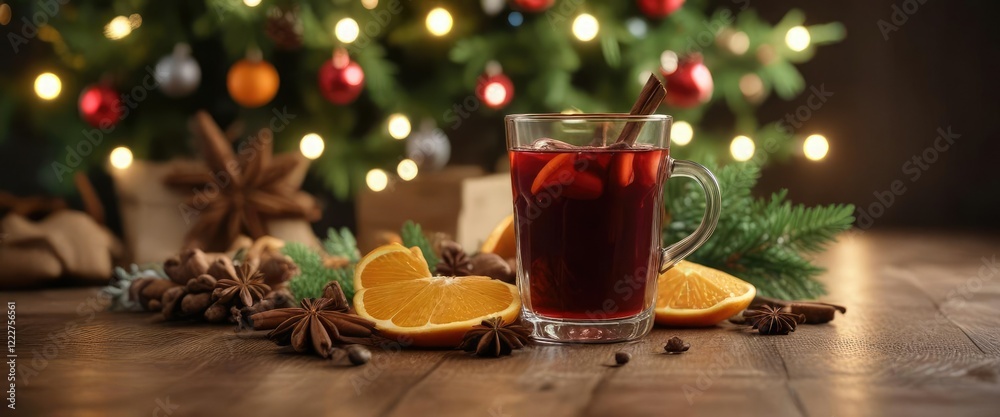 Glowing lights, fragrant mulled wine, citrus, star anise, Christmas tree backdrop , warmth, Christmas lights Glowing lights, fragrant mulled wine, citrus, star anise, Christmas tree backdrop , warmth, Christmas lights