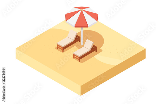 Isometric square land plot with yellow sand, beach bed and umbrella. Soil with layers. Beach landscape, cartoon terrain. Vector illustration isolated on white background