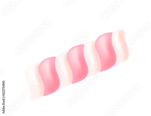 Twisted marshmallow sticks in pink and white with a smooth, glossy texture. Sweet tasty dessert, sugar food. Vector illustration isolated on white background