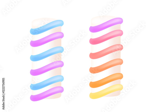 Twisted marshmallow sticks, glossy texture. Purple,blue,red and yellow colored candy. Sweet tasty dessert, sugar food. Vector illustration isolated on white background