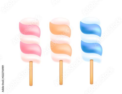 Marshmallow lollipops in pink, blue, and orange, arranged on wooden sticks. Yummy candy. Sweet tasty dessert, sugar food. Vector illustration isolated on white background
