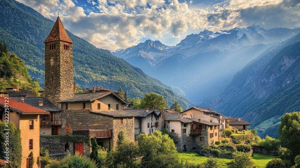 Picturesque Alpine Village with Stone Tower and Mountain Backdrop Scenic Landscape