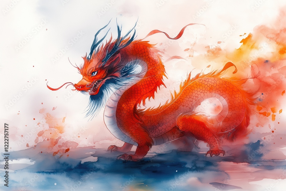 Obraz premium Lunar New Year Dragon Watercolor Illustration Art on Abstract Background