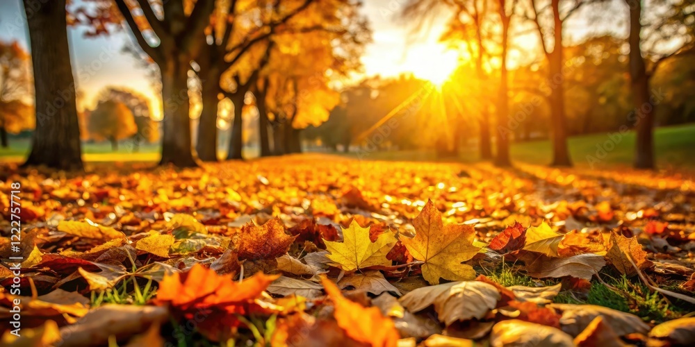 Golden hour on a crisp autumn day with fallen leaves carpeting the ground, forest floor, natural light, outdoors, fall landscape Golden hour on a crisp autumn day with fallen leaves carpeting the ground, forest floor, natural light, outdoors, fall landscape