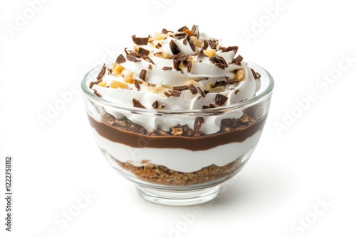 Indulge in a delicious trifle dessert featuring layers of cream, chocolate, and crunchy nuts on a clean white backdrop