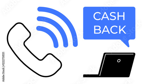 Phone receiver with signal waves next to speech bubble with Cash Back text and laptop. Ideal for customer service, communication, rewards programs, online shopping, tech support, marketing, financial