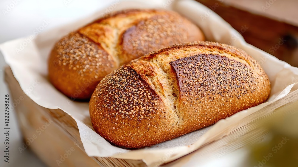 Whole foods concept. Freshly baked bread rolls in a wooden basket on a light background. Whole foods concept. Freshly baked bread rolls in a wooden basket on a light background.