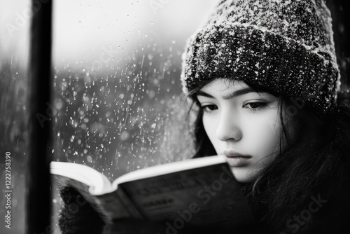 A young person sitting in a cafe during a rainstorm, calmly reading a book while the world outside rushes by