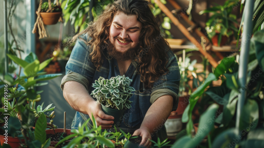 Fototapeta premium Man with long hair is holding a plant in his hand