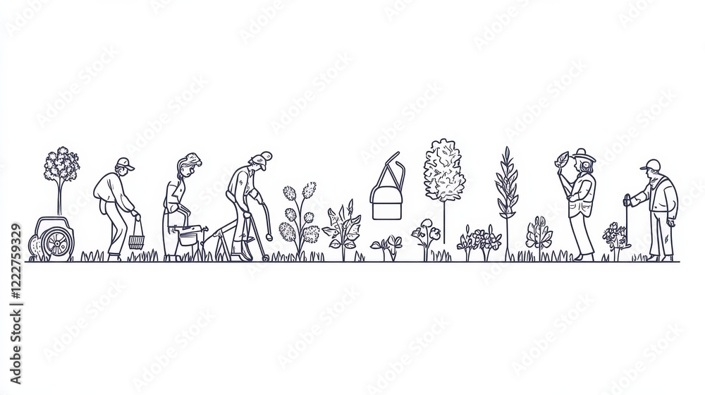 Fototapeta premium Linear vector isolated illustration set of agricultural working people tending garden. Weed control, dandelion removal, lawn mowing and repair service, growing and water vegetables, garden maintenanc