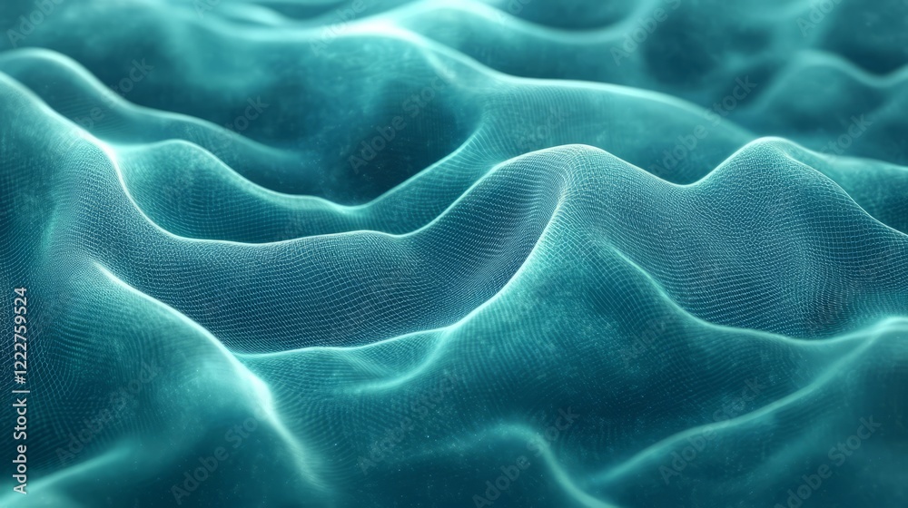 Obraz premium Turquoise mesh background with a blue-green blur gradient and grainy noise texture, dynamic and fluid movement 