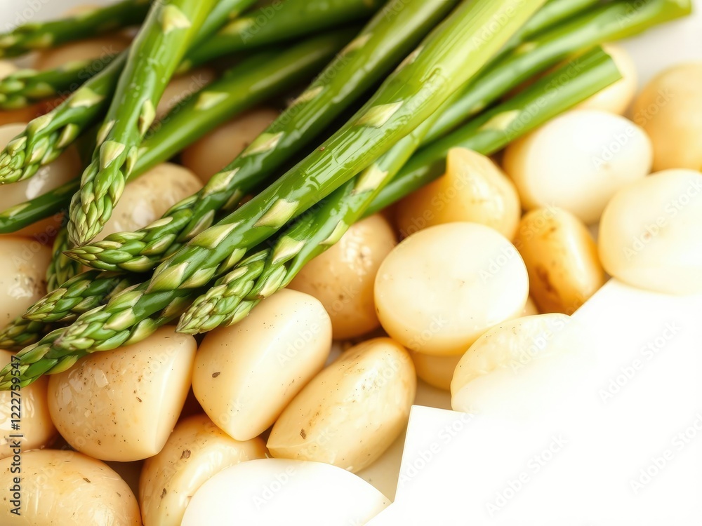 Green Asparagus on a Bed of Boiled Potatoes, boiled potatoes, farm fresh ingredients Green Asparagus on a Bed of Boiled Potatoes, boiled potatoes, farm fresh ingredients