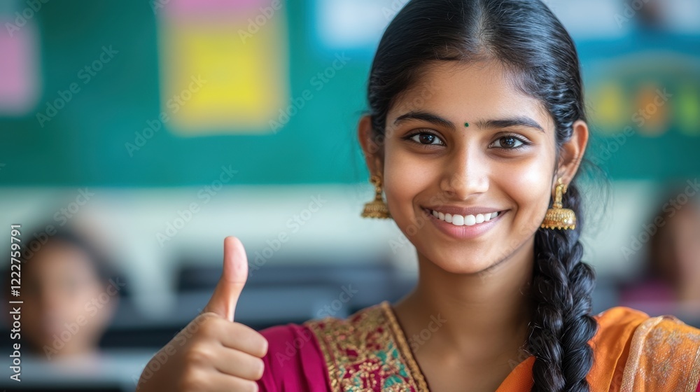 Young Woman in Traditional Attire Giving Thumbs Up in Classroom Setting