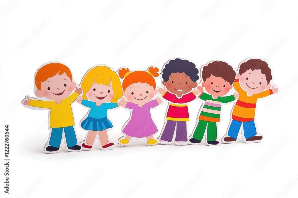 A colorful illustration of six diverse children smiling and posing together. A colorful illustration of six diverse children smiling and posing together.