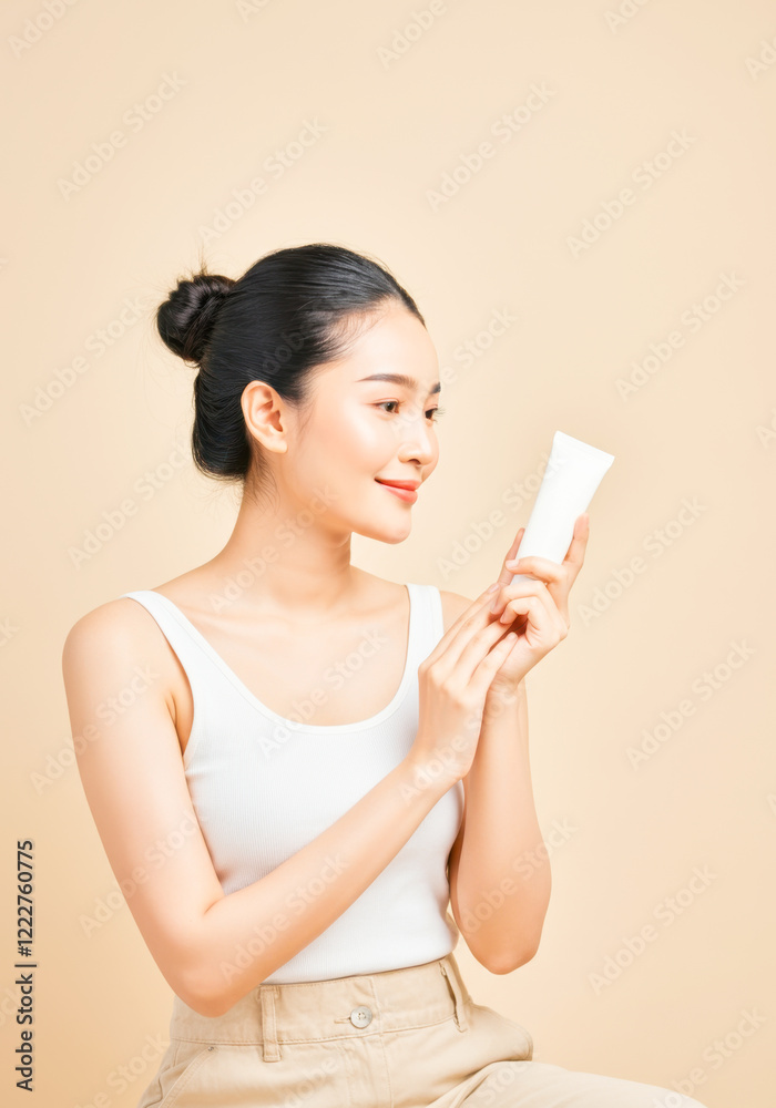 Asian young female admiring skincare product in minimalist setting Asian young female admiring skincare product in minimalist setting