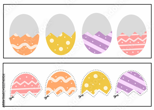 Matching Easter eggs worksheet,  cut and glue easter egg activity for kids, easter egg matching game