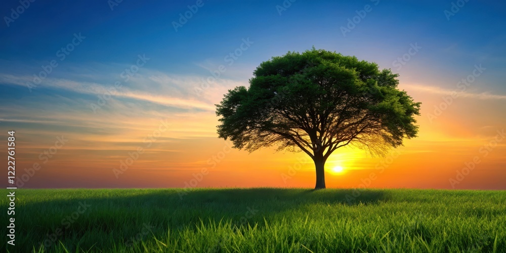 Fototapeta premium Silhouette of a tree in front of a serene background with seamless grass