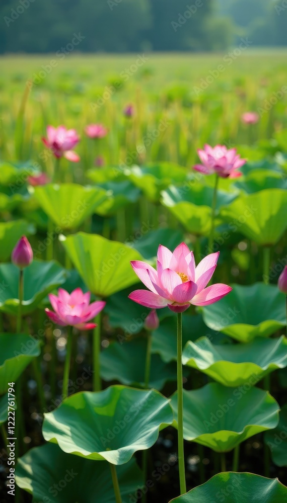 Autumn rice paddies with lotus flowers blooming in the foreground, flower, water Autumn rice paddies with lotus flowers blooming in the foreground, flower, water