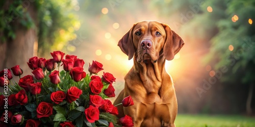 A regal Broholmer dog sits beside a bouquet of red roses photo