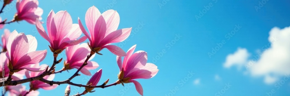 Fototapeta premium Bigleaf magnolia tree against a bright blue sky with blooming flowers, Nature, Flowering