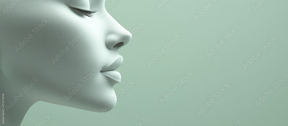3D profile of a slim face with sharp cheekbones and refined jawline in soft light green background showcasing elegant contours and features 3D profile of a slim face with sharp cheekbones and refined jawline in soft light green background showcasing elegant contours and features