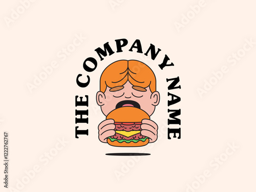 A man eating big burger cartoon retro vintage mascot illustration character logo hand drawn