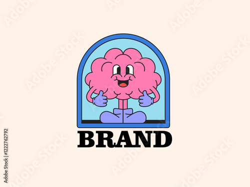 Human brain with face cartoon retro vintage mascot illustration character logo hand drawn for educational or mental health-related services