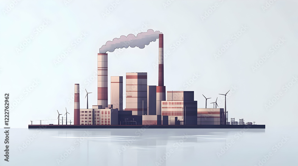 Obraz premium Coastal factory emitting smoke, wind turbines