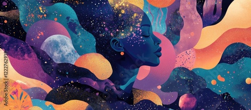 Psychedelic portrait featuring a dark-skinned woman's silhouette against a vibrant kaleidoscope of colors including deep blues, purples, and warm oranges.