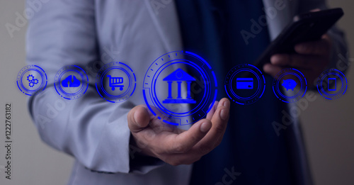 Businessman touching icon online banking and icon network connection, online payments, shopping and digital technology business on virtual screen dark blue background