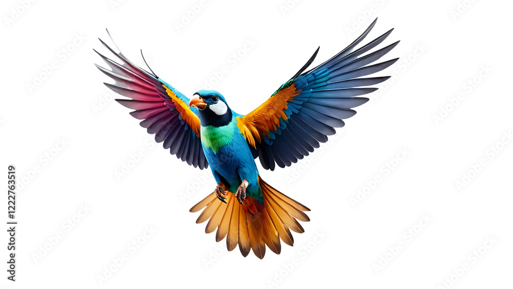 Fototapeta premium Vibrant blue and orange parrot in flight, isolated on white background. Perfect for illustrations, designs, and branding projects needing a tropical feel.