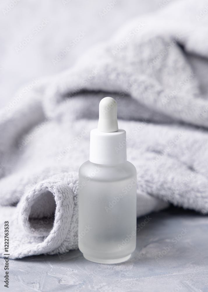 Clear glass dropper bottle with pipette near light grey bath towel closeup, cosmetic mockup Clear glass dropper bottle with pipette near light grey bath towel closeup, cosmetic mockup