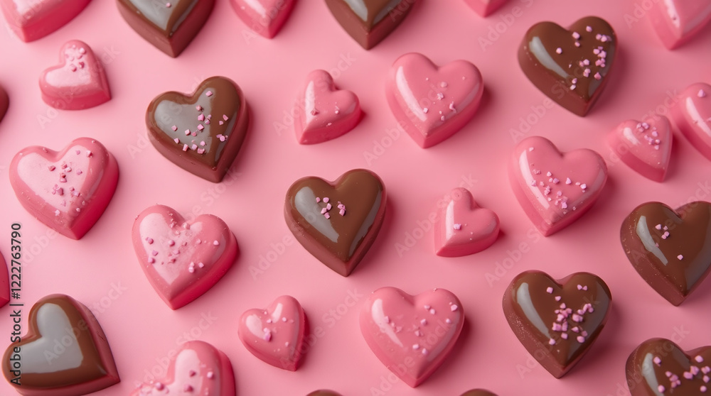 Pattern of Heart-shaped Hearts Chocolates on Pink Background, Valentine's, Love Pattern of Heart-shaped Hearts Chocolates on Pink Background, Valentine's, Love