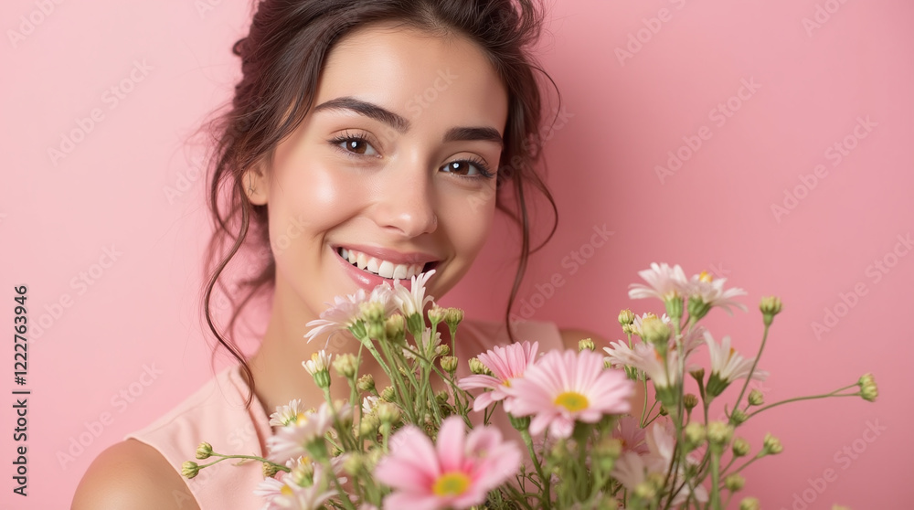 Happy Smiling Young Woman Smelling Bouquet of Flowers on Clean Pink Background, Valentine's Gift, International Women's Day, Spring Happy Smiling Young Woman Smelling Bouquet of Flowers on Clean Pink Background, Valentine's Gift, International Women's Day, Spring