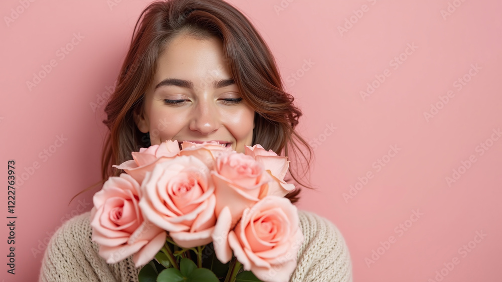 Happy Smiling Young Woman Smelling Bouquet of Flowers on Clean Pink Background, Valentine's Gift, International Women's Day, Spring Happy Smiling Young Woman Smelling Bouquet of Flowers on Clean Pink Background, Valentine's Gift, International Women's Day, Spring