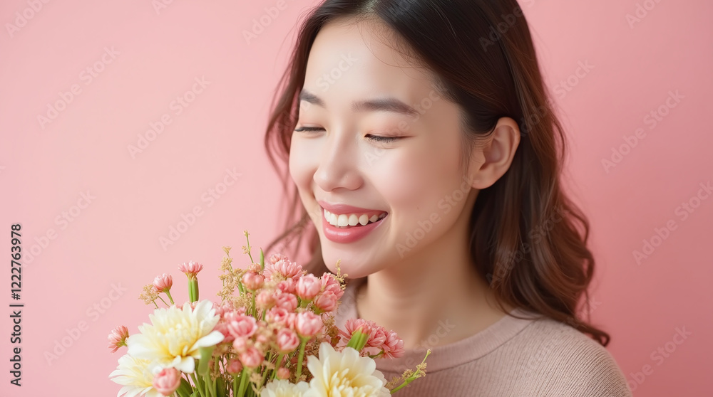 Happy Smiling Young Asian Chinese Woman Smelling Bouquet of Flowers on Clean Pink Background, Valentine's Gift, International Women's Day, Spring Happy Smiling Young Asian Chinese Woman Smelling Bouquet of Flowers on Clean Pink Background, Valentine's Gift, International Women's Day, Spring